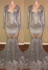 Long Sleeves Sequins Prom Party Gowns| Mermaid V-Neck Evening Gowns